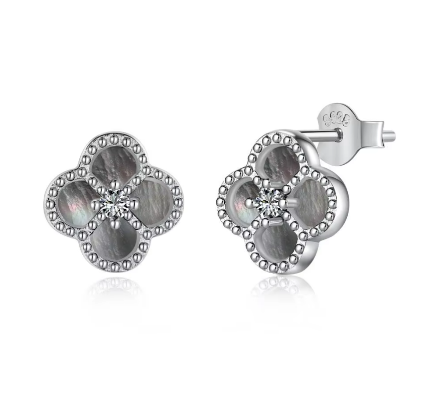 Grey Mini Clover Rhodium-Plated Earrings