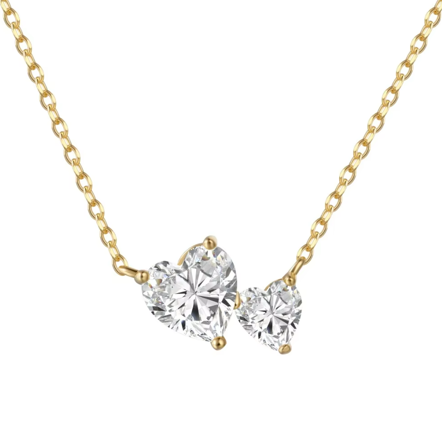 Double Heart Crystal Gold Rhodium-Plated Necklace