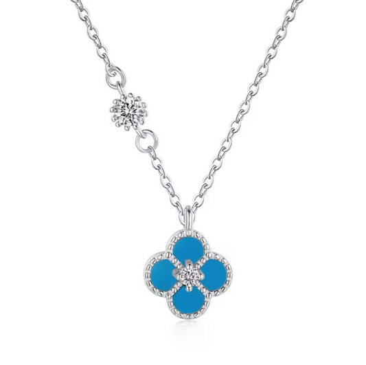 Mini Blue Agate Clover Rhodium-Plated Necklace