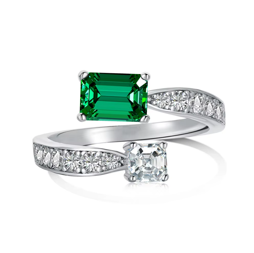 Adjustable Emerald Princess Cut You and Me Rhodium-Plated Ring