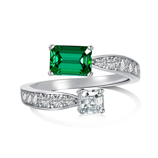 Adjustable Emerald Princess Cut You and Me Rhodium-Plated Ring