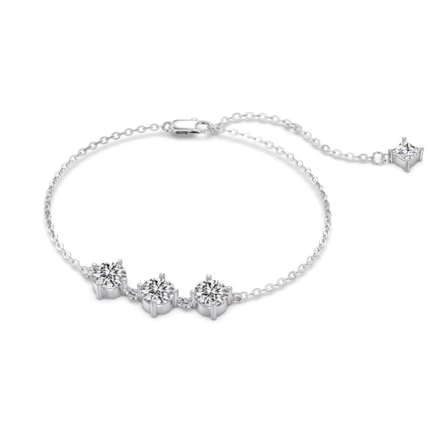 Three-Stone Crystal Round Rhodium-Plated Bracelet
