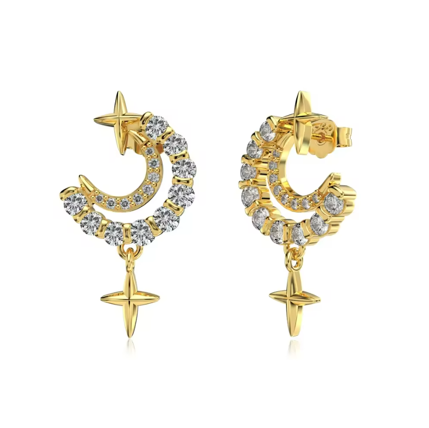Crescent Moon Crystal Rhodium-Plated Stud Earrings