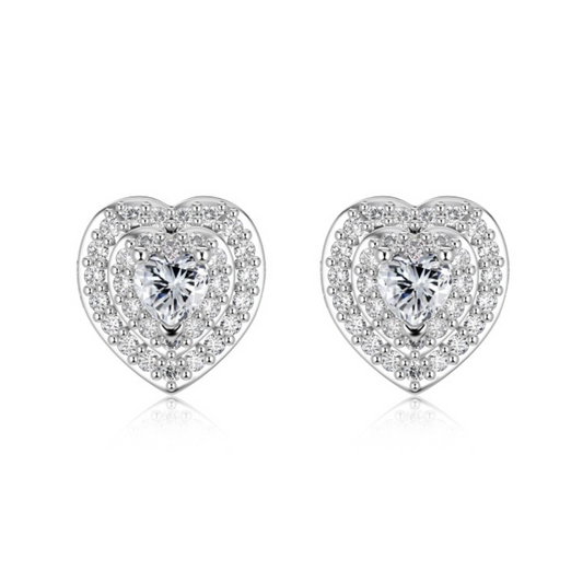 Minimalist Heart Halo Rhodium-Plated Stud Earrings